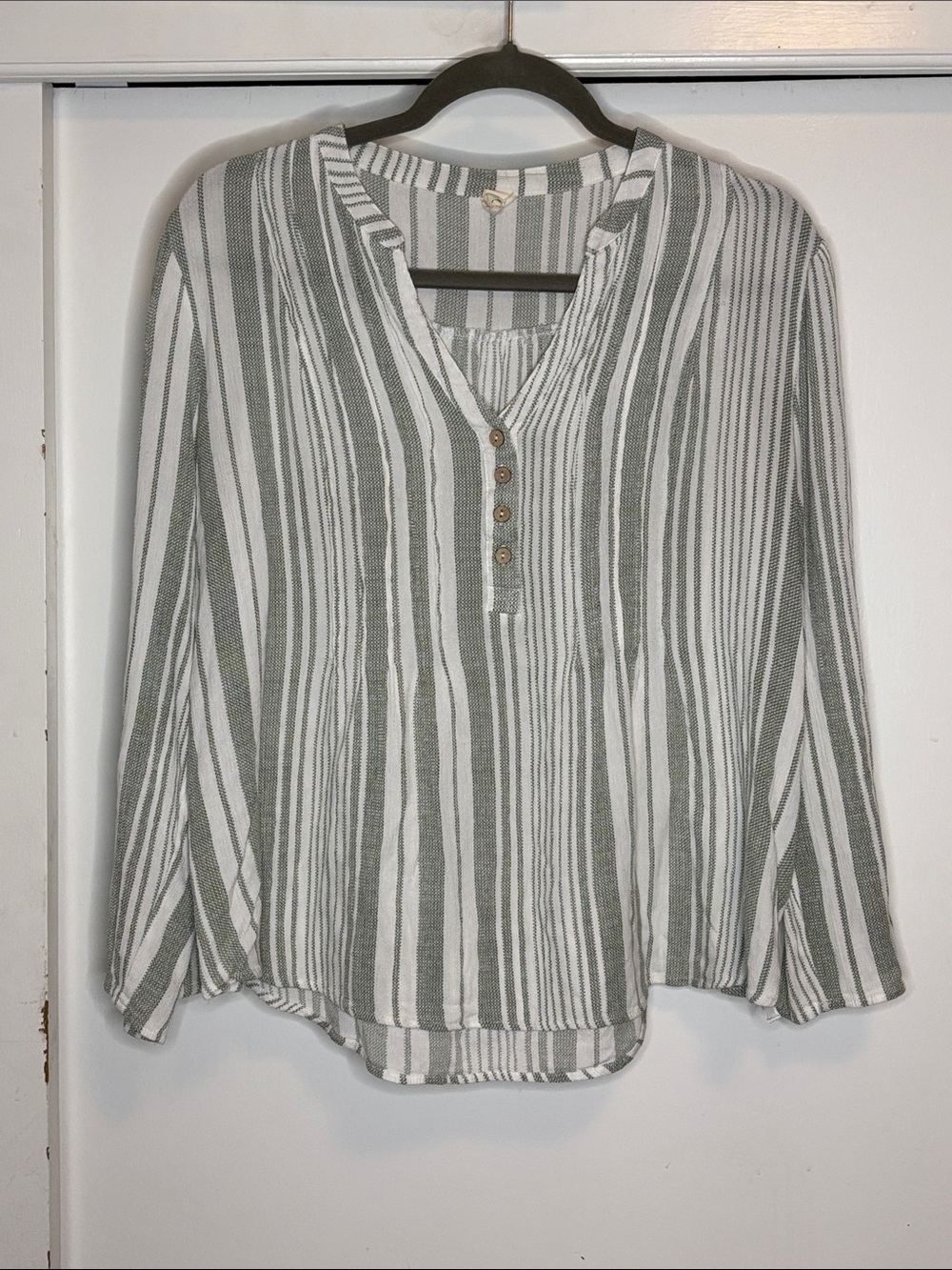 Striped Long-Sleeve Henley Top in Sage and White